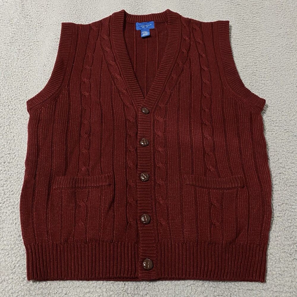 Vintage TownCraft Sweater Vest Mens Large Red Cable Knit Old Money Quiet Luxury